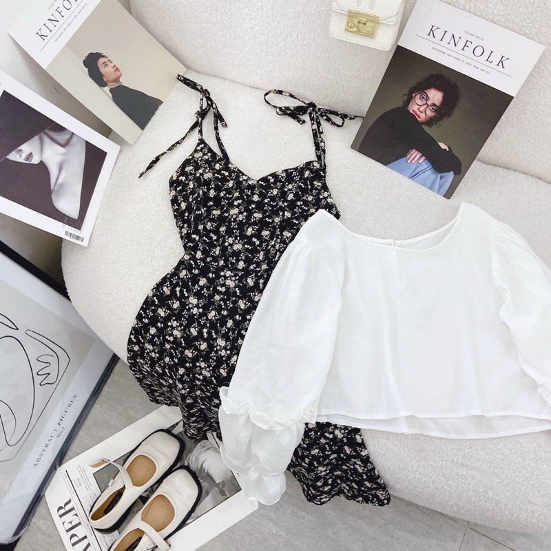 ❤️SET áo voan trắng + yếm hoa nhí đen tiểu thư MeiHome🥰