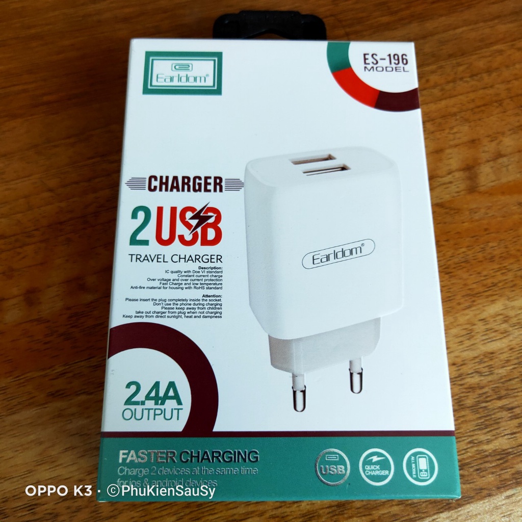 Bộ sạc Earldom ES-196 Củ 2 cổng ra Usb kèm dây Cáp chuẩn sạc nhanh 2.4A chống rò rỉ điện