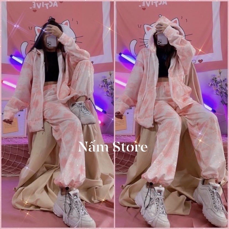 Set Bộ 3D Áo Khoác Hoodie Zip Loang Màu Kèm Quần Jogger Thun Dài Dây Rút Cao Cấp