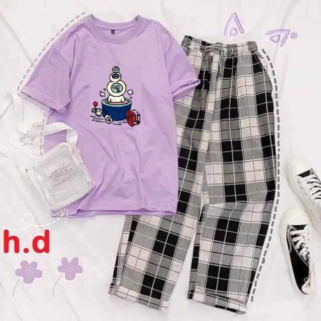 Sét Bộ Quần Áo Ulzzang Girl Style Nữ Ngắn Tay Mặc Đi Chơi, Áo Cotton In 3D Cartoon Gấu Má Tim Mix Quần Jogger Kaki Be