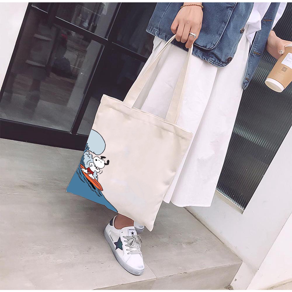 Túi tote vải mộc GINKO có dây kéo khóa ( có túi con bên trong) in hình Snoopy and Friends M98