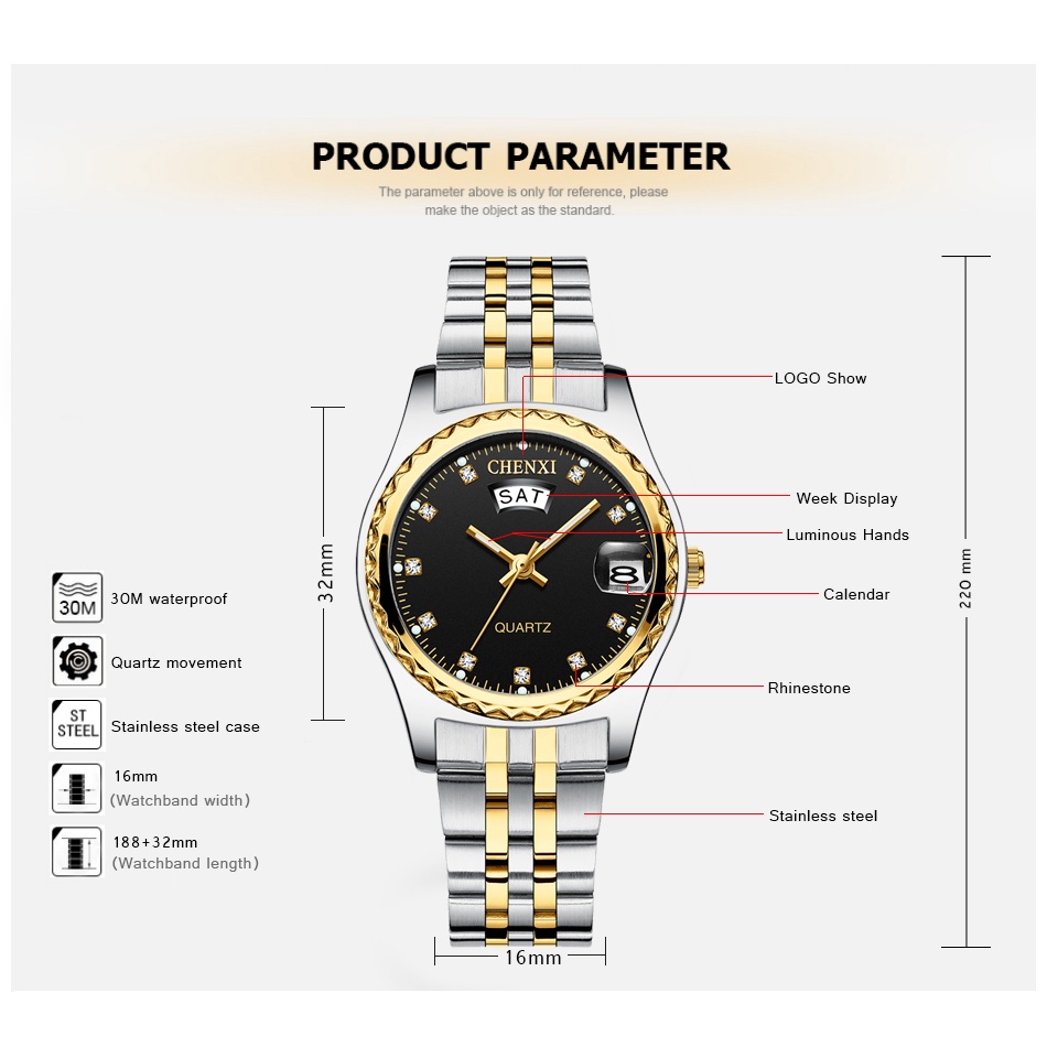 Đồng Hồ Đeo Tay Bằng Thép Không Gỉ Mạ Vàng Sang Trọng CHENXI Dành Cho Nam