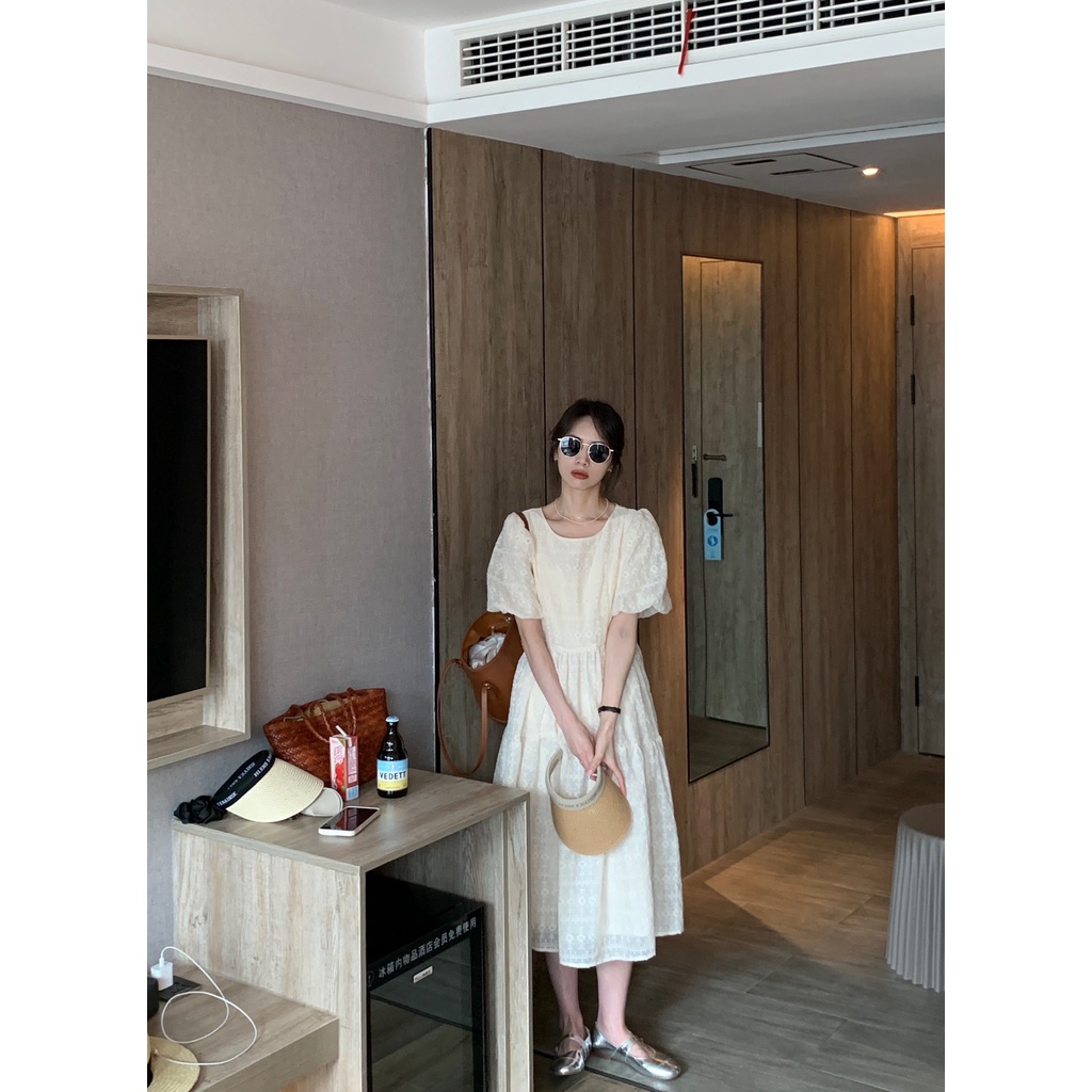 Váy đầm babydoll tay bồng màu be nhạt phong cách thanh lịch - Mao Tử Store