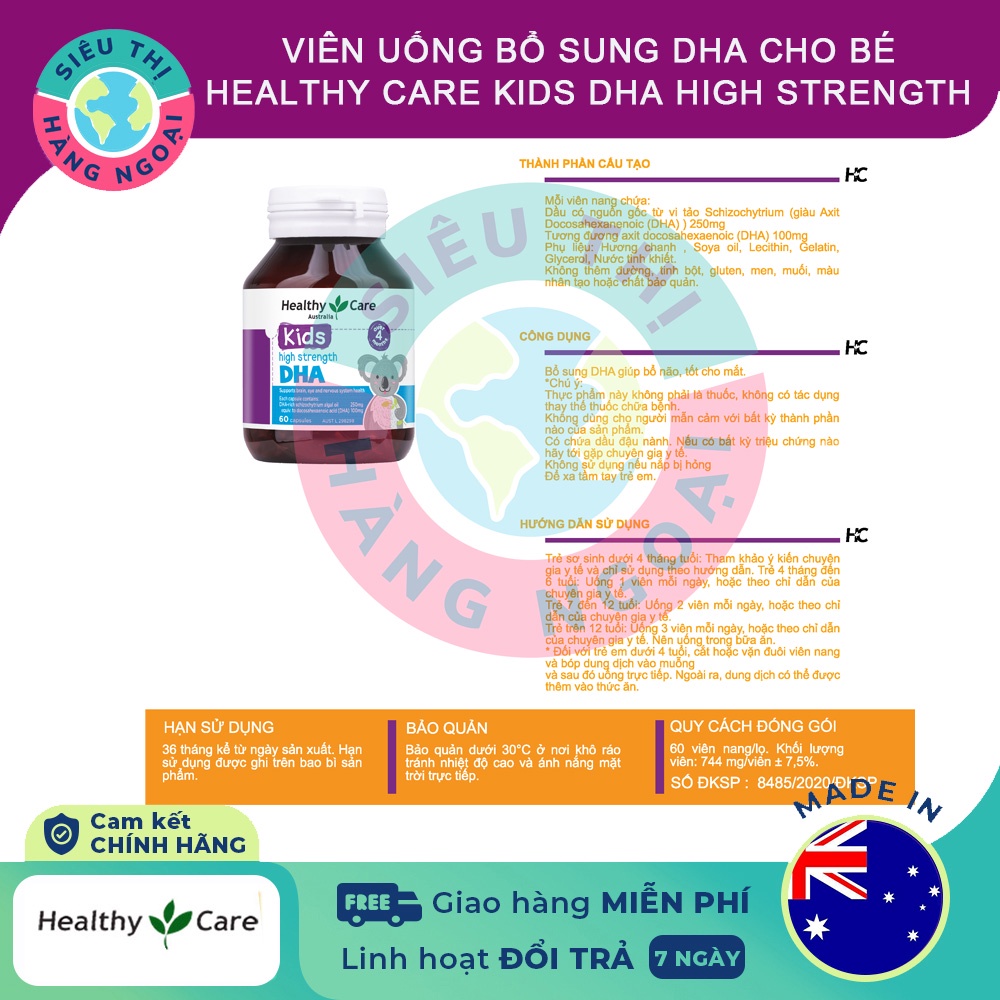 Viên uống bổ sung DHA cho bé Healthy Care Kids DHA High Strength Hộp 60 viên