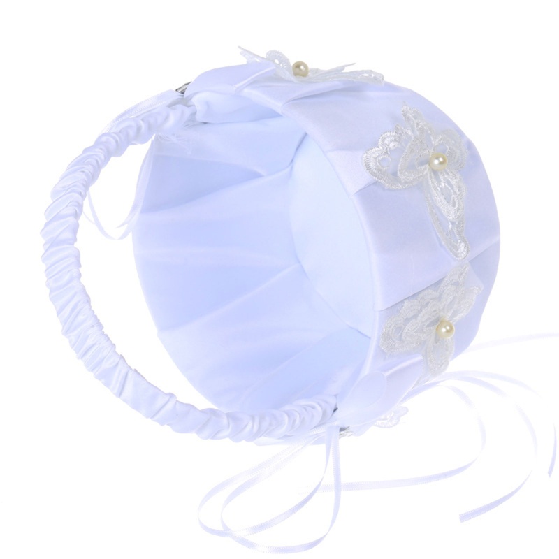 Giỏ Đựng Kẹo Cưới Vải Satin Phối Ren Hoa Và Bươm Bướm Xinh Xắn