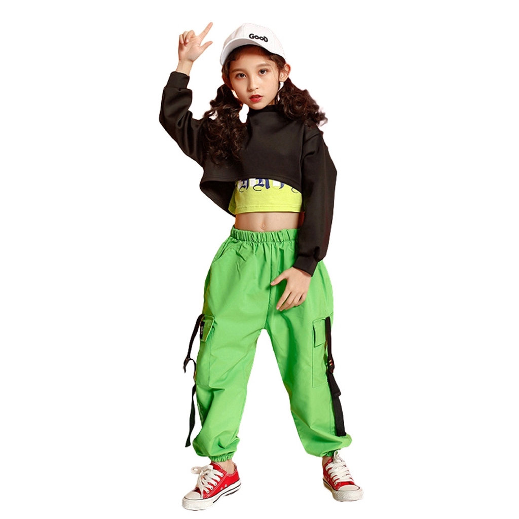 Set áo croptop + áo ba lỗ + quần jogger phong cách Hip hop thời trang dạo phố cho bé gái