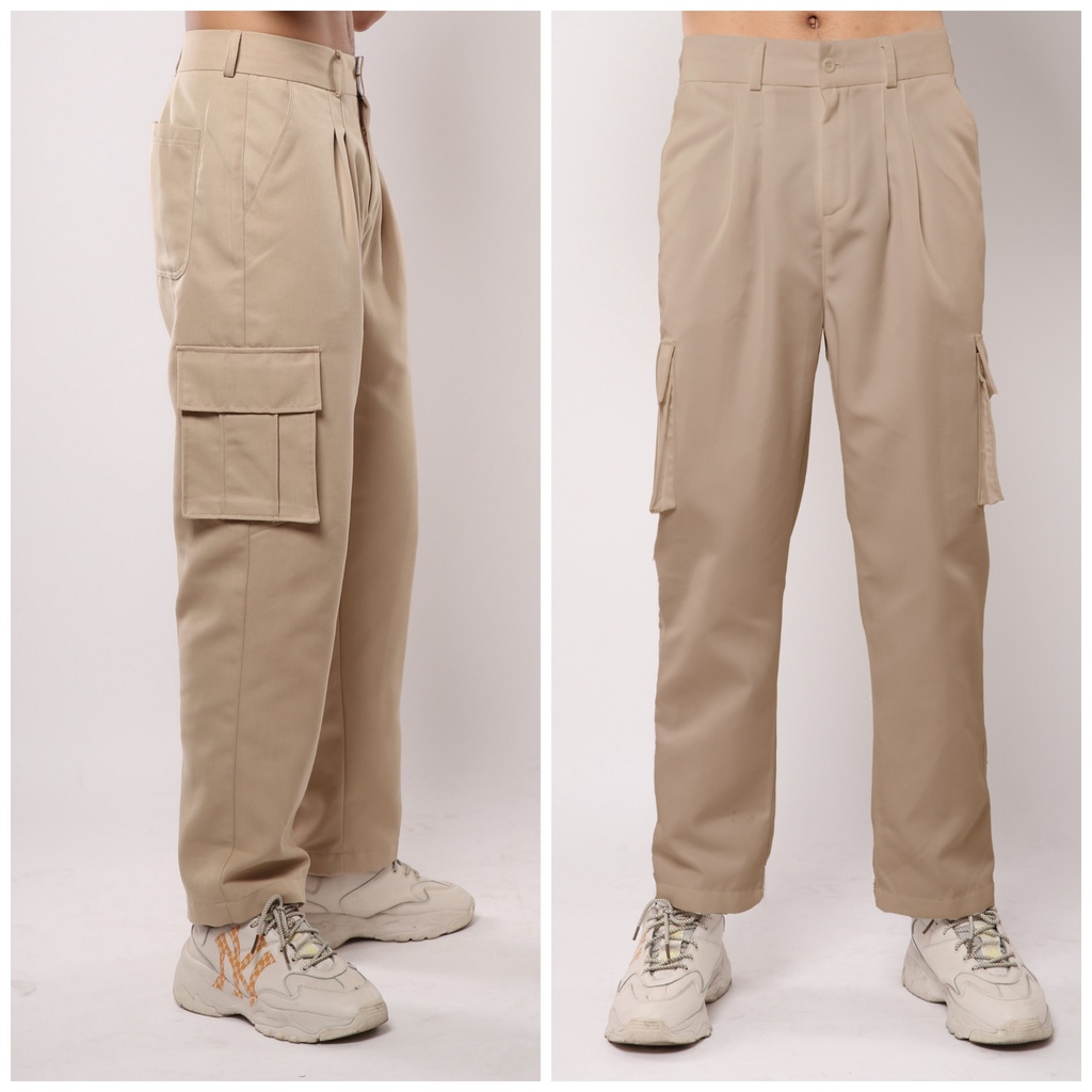 QUẦN KAKI TÚI HỘP CARGO PANTSFORM DÁNG RỘNG CẠP CAO, ĐÁY SÂU HACK DÁNG MÀU ĐEN, BE, TRẮNG, XÁM RÊU-GIRAN-