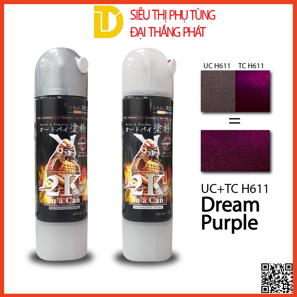 Combo cao cấp sơn Samurai, sơn xịt xe máy màu tím Dream TCH611 (Lót 2K04, Nền UCH611, Màu TCh611, Phủ 2K01)