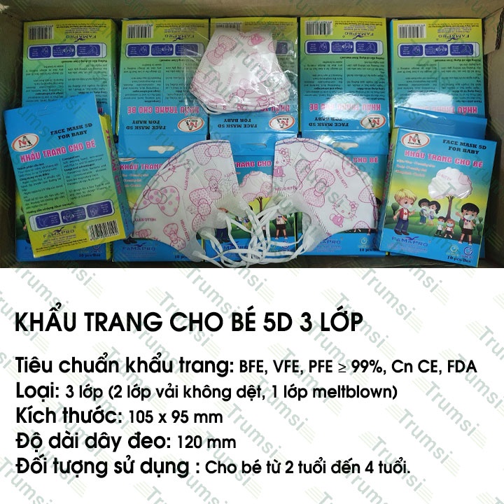 Khẩu trang y tế 5D 3 lớp Nam Anh Famapro kháng khuẩn chống bụi cao cấp an toàn không kích ứng da cho em bé quai thun