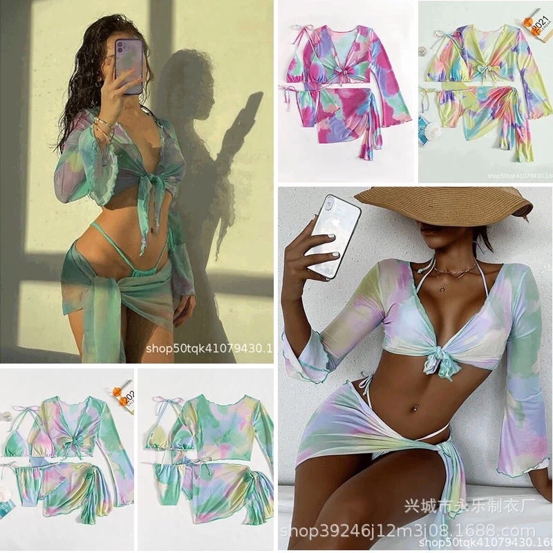 Bikini set 4 món tay dài hoạ tiết loang quyến rũ