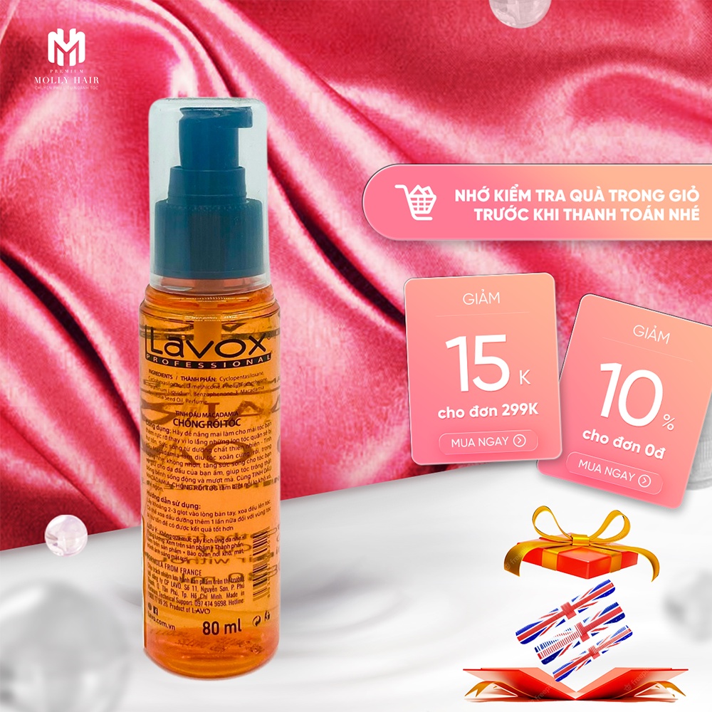Dầu bóng dưỡng tóc Mollyhair Lavox, tinh dầu macadamia chống rối tóc và giữ độ mượt mà 80ml