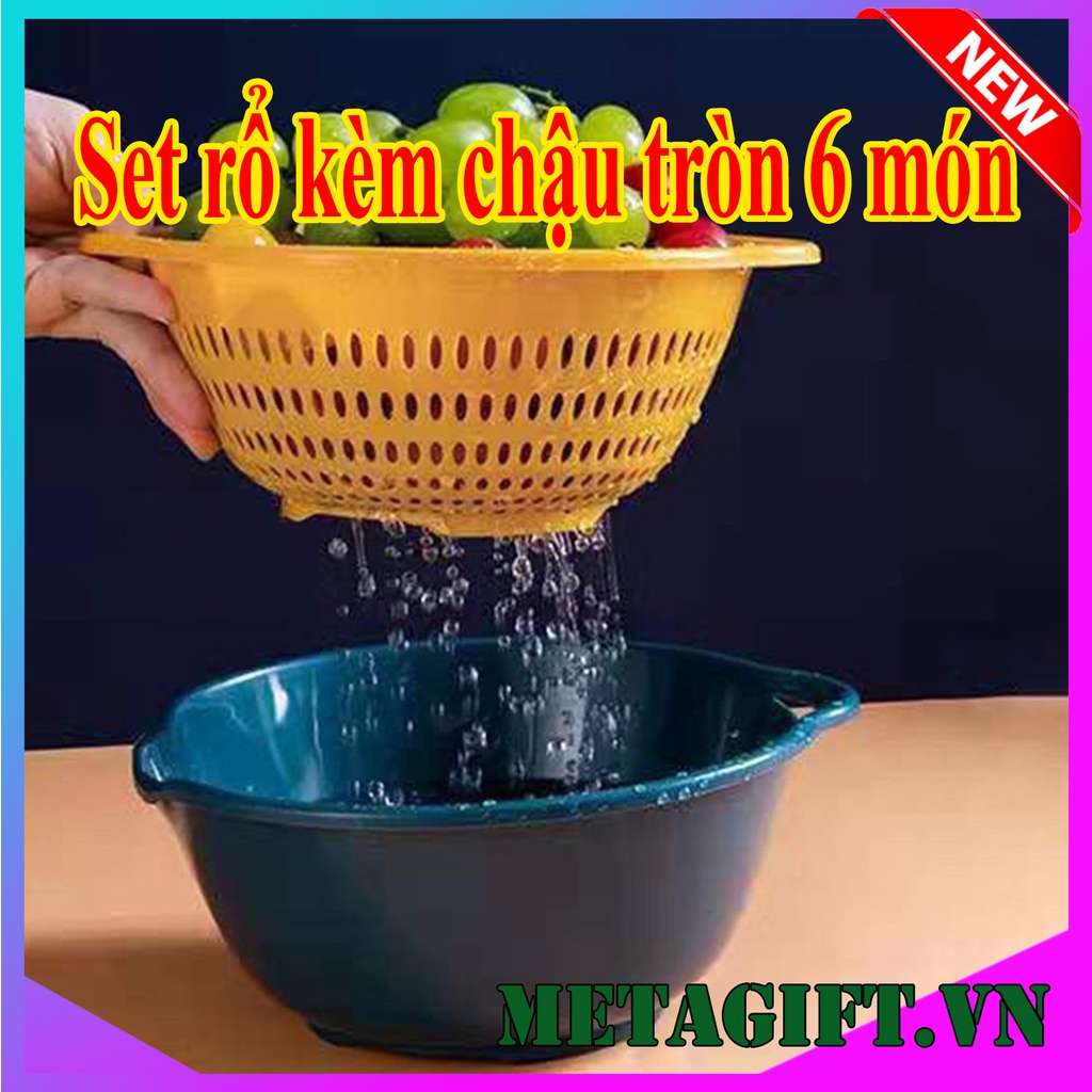 Set rổ kèm chậu 6 món bộ 3 rổ và chậu thau nhựa rửa rau củ đựng hoa quả trái cây 2 lớp hình tròn, vuông