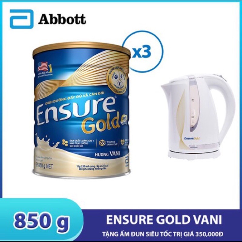 Bộ 3 Lon Sữa Ensure Gold Vani 850g Tặng Ấm Đun Siêu Tốc SUNHOUSE 1,7l