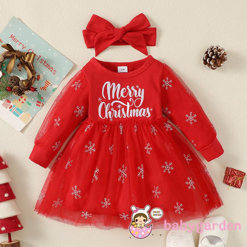 Đầm Vải Tuyn Tay Dài Phồng Thêu Chữ Thời Trang Giáng Sinh Cho Bé Gái 3 Tháng Đến 3 Tuổi Kèm Băng Đô