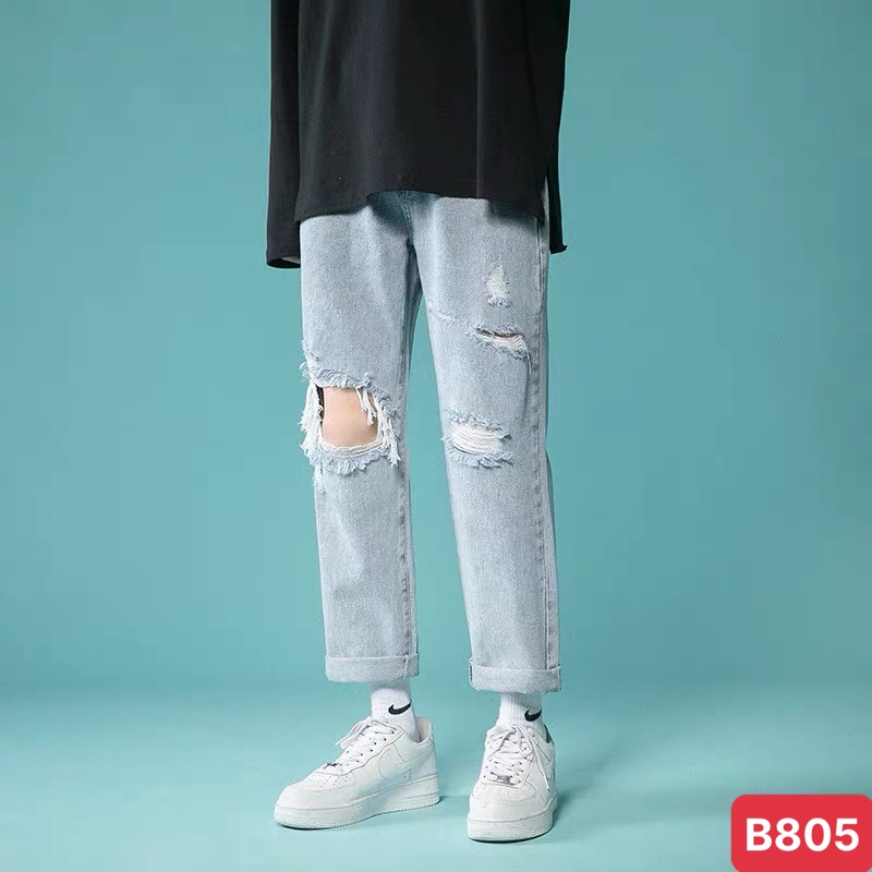 Quần baggy jean nam ống rộng trơn rách gối màu đen chất bò cao cấp co dãn 4 chiều ADO42 mẫu mới