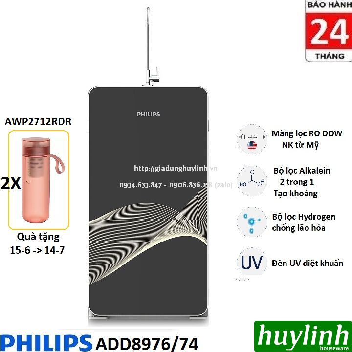 [Mã ELHAMS5 giảm 6% đơn 300K] Máy lọc nước RO Philips ADD8976 - Diệt khuẩn UV - Tặng 2 Philips AWP2712RDR - Chính hãng