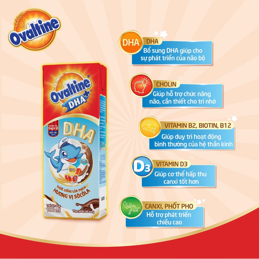 Thức uống lúa mạch hương vị sô-cô-la Ovaltine DHA+ hộp giấy 180ml x4