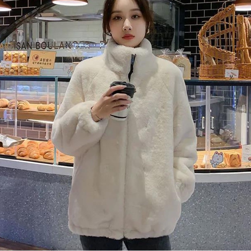 Áo Khoác Len Lông Cừu Tay Dài Dáng Rộng Màu Sắc Đơn Giản Dễ Phối Đồ