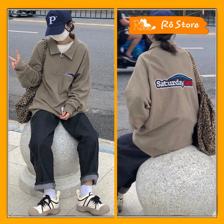 Áo polo nỉ sweater có cổ khóa form rộng unisex nam nữ in chữ Staturday siêu ngầu RÔ STORE PL02