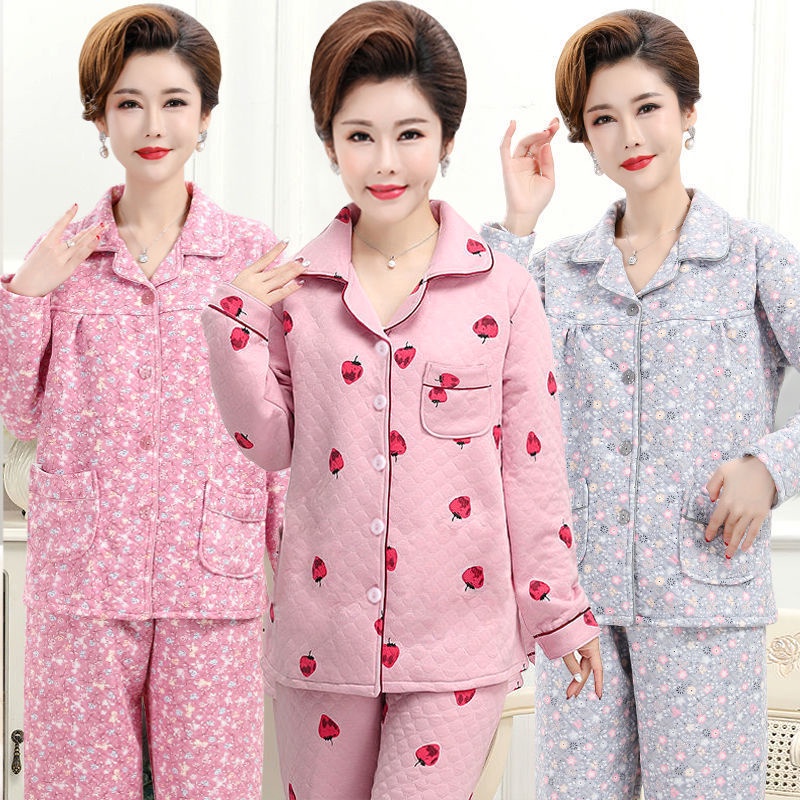 Bộ đồ ngủ ba lớp chần bông của phụ nữ mùa thu và mùa đông mẹ cotton dày không khí phục vụ tại nhà cho người già cộng với