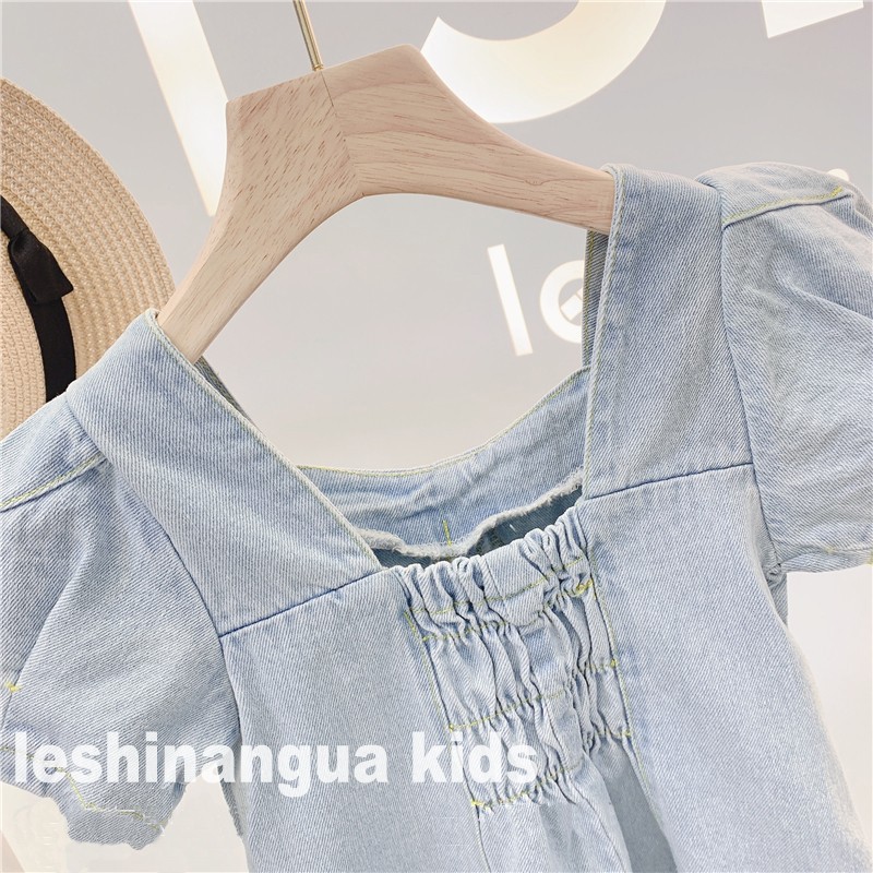 Mới Đầm Denim Tay Phồng Ngắn Cổ Chữ U Màu Xanh Dương Thời Trang Mùa Hè Cho Bé Gái