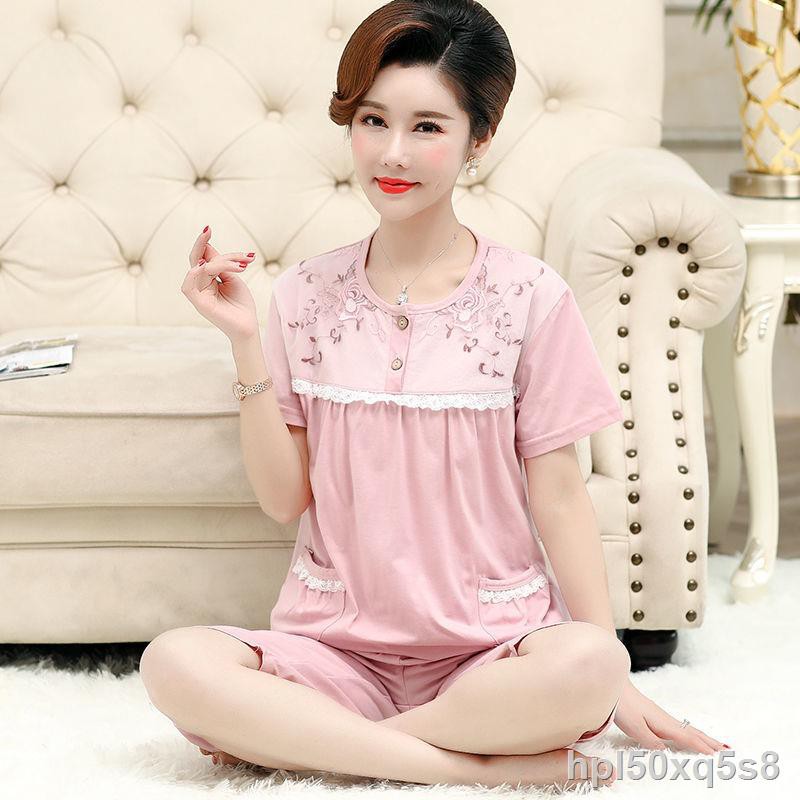 Đồ ngủ nữ quần dài cotton ngắn tay plus size phục vụ tại nhà cho người trung niên và lớn tuổiOO