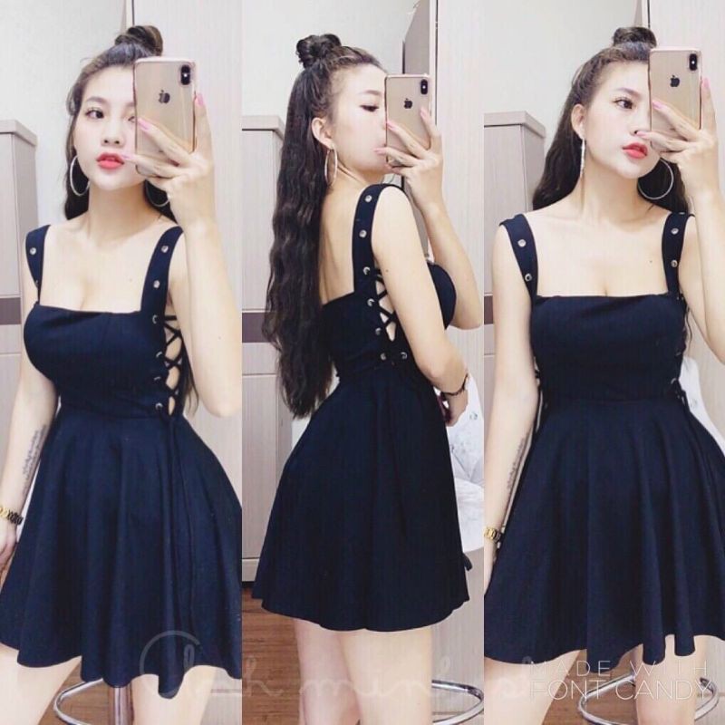 Đầm xòe hai dây đan dây mắt cáo thời trang