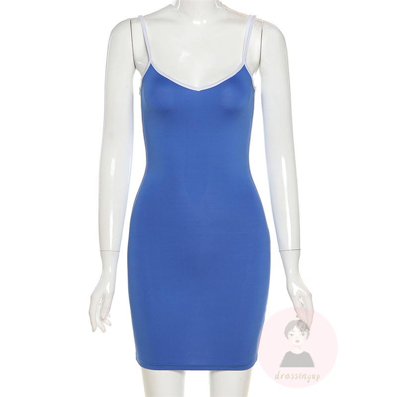 Đầm Hai Dây Cổ Thấp Xẻ Sâu Phối Màu Sắc Ngọt Ngào Thời Trang Cho Nữ