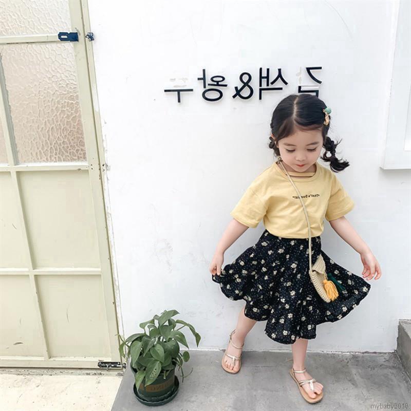 My Baby  Girls Casual Short Sleeve Letter Print T-shirt +Floral Short Skirts Set