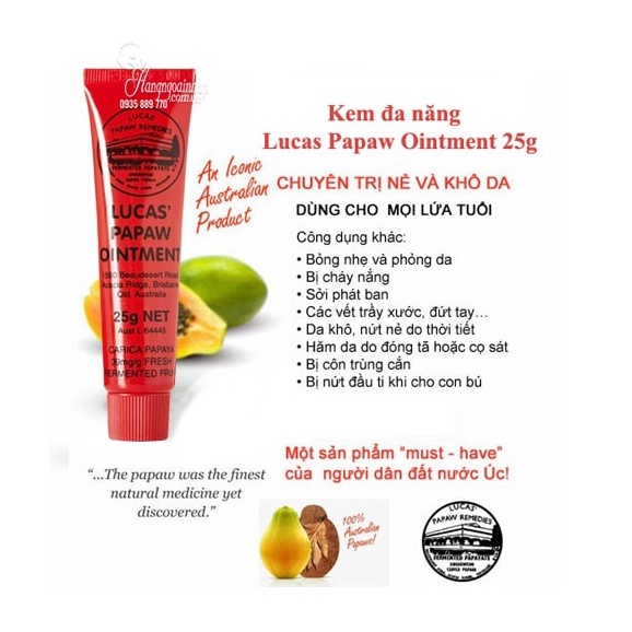 Kem Đa Năng Dưỡng Ẩm chống khô nẻ môi, bỏng da, mẩn ngứa, Lucas Papaw Ointment 25gr