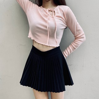 Áo croptop nữ tay dài cột nơ cổ chất thun gân dày dặn màu hồng nhạt cá tính