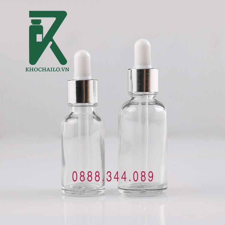 Chai tinh dầu,chai serum thủy tinh trắng trong khoen bạc mờ ,khoen bạc bóng 5ml,10ml,15ml,20ml,30ml,50ml,100ml