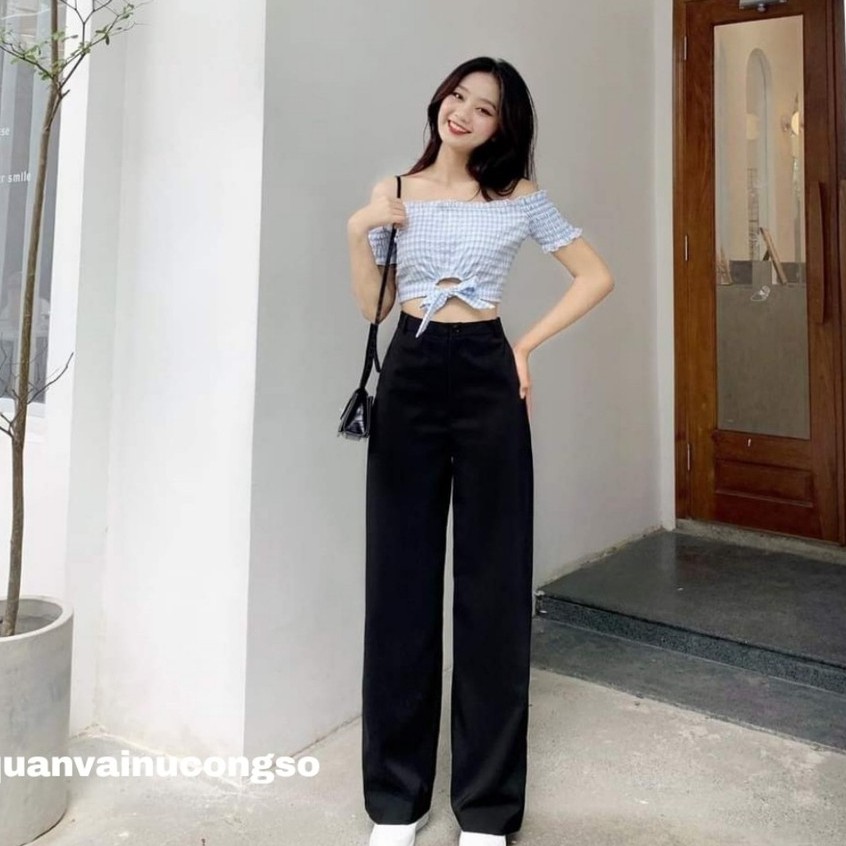 Quần ống rộng lưng cao khóa trước màu đen dáng suông đứng dài - Quần culottes ống rộng cạp cao nữ công sở chất vải mềm