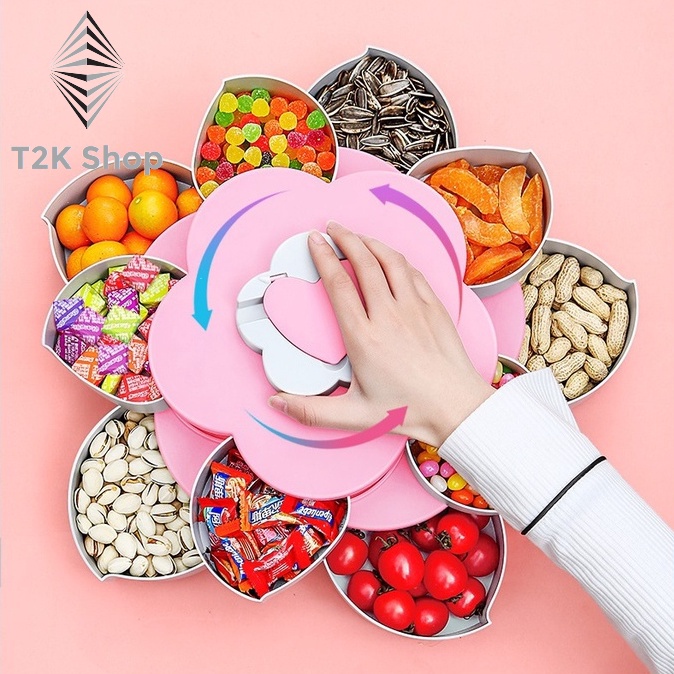 Khay đựng mứt tết - Hộp đựng mứt tết bánh kẹo 2 tầng xòe hình cánh hoa xoay 360 độ - T2K Shop