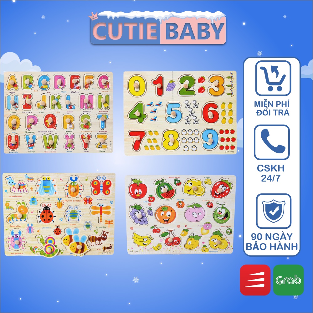 Bảng gỗ ghép hình thông minh Cutiebaby có núm gỗ nhiều chủ đề số, thú, giao thông cho bé, trẻ trai, gái từ 12 tháng tuổi