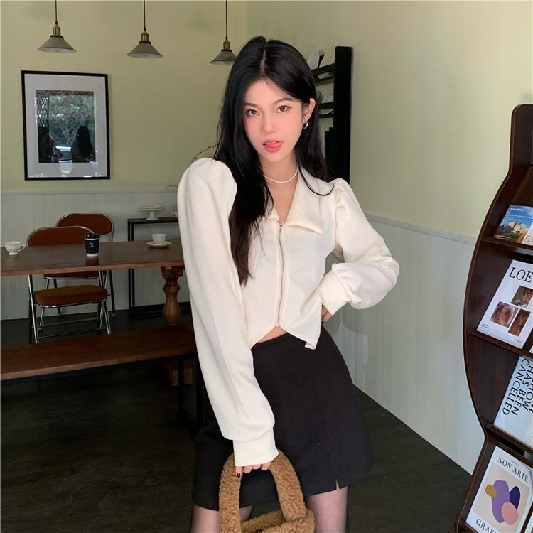 Áo Sơ Mi Tay Phồng Cổ Bẻ Dáng Ngắn Thời Trang Mùa Đông Cho Nữ