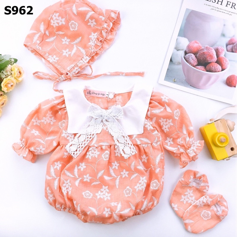 Bodysuit, Áo liền quần bé gái 4 đến 12kg hoa cam 3 chi tiết cho bé