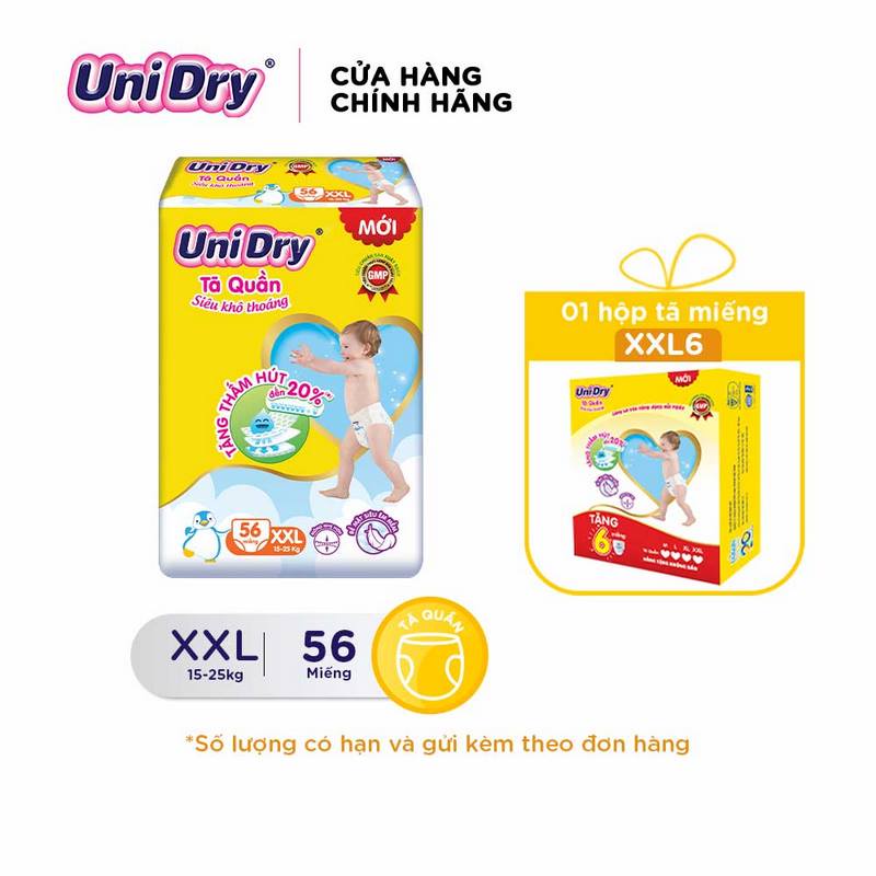 Tã quần Unidry siêu khô thoáng gói Super Jumbo M74/L68/XL62/XXL56