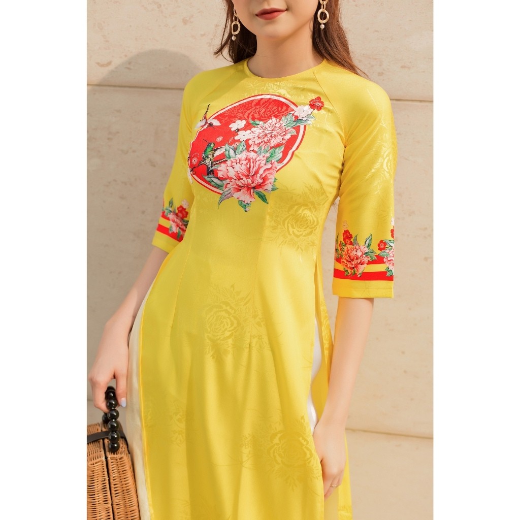 Áo Dài Cách Tân Nữ Màu Hồng Cổ Tròn Tay Lỡ Vải Gấm In Hoạ Tiết Lasentus | BigBuy360 - bigbuy360.vn