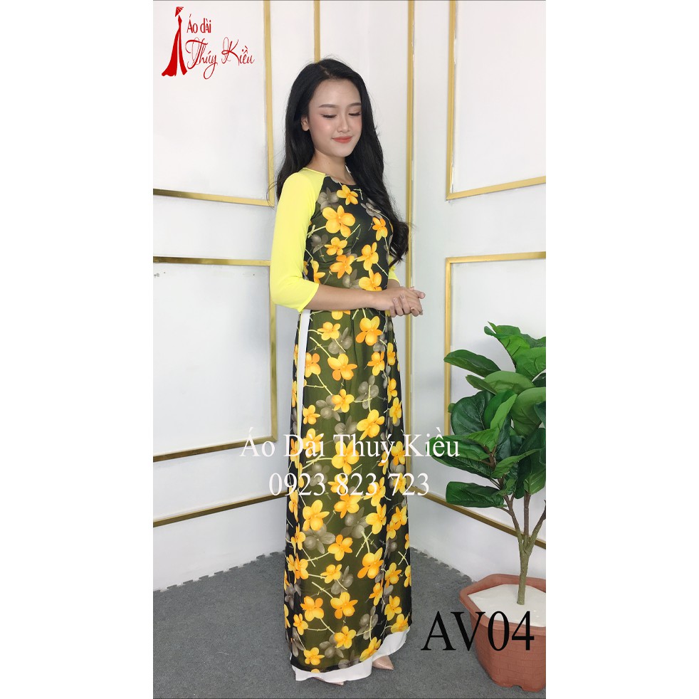 Áo dài Thúy Kiều in 3D lụa chi phông 4 lớp hoa vàng AV04