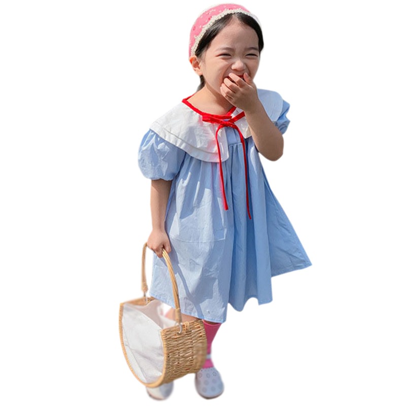 Đầm Tay Ngắn Phồng Cổ Xếp Ly Thắt Nơ Trước Thời Trang Mùa Hè Cho Bé Gái