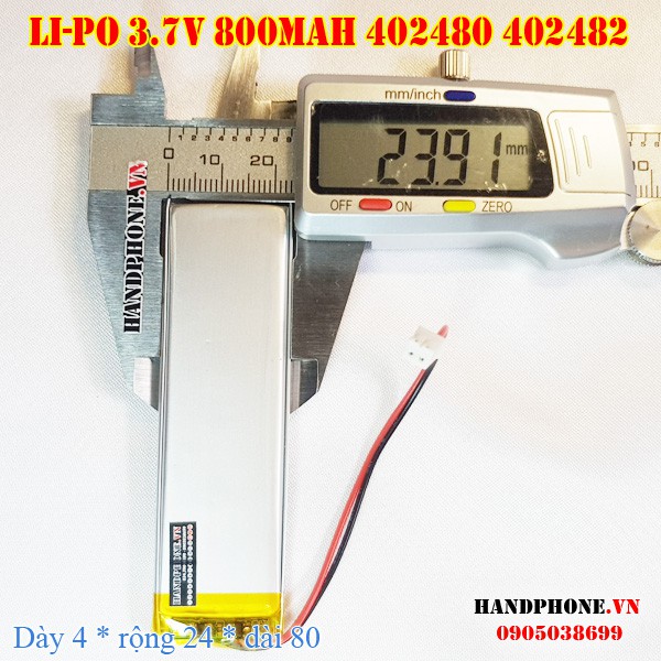 Pin Li-Po 3.7V 800mA 402480 402482 (Lithium Polyme) cho loa bluetooth, máy nội soi, bàn phím bluetooth, khoá vân tay