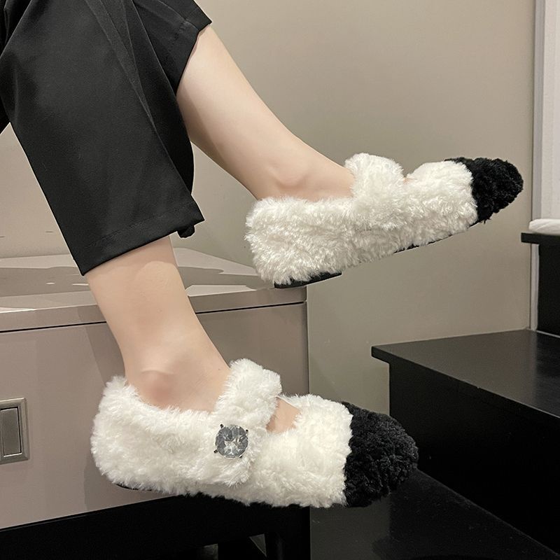 Giày Đế Bằng Chống Trượt Phối Lông Cừu Dễ Thương Xinh Xắn Dành Cho Nữ