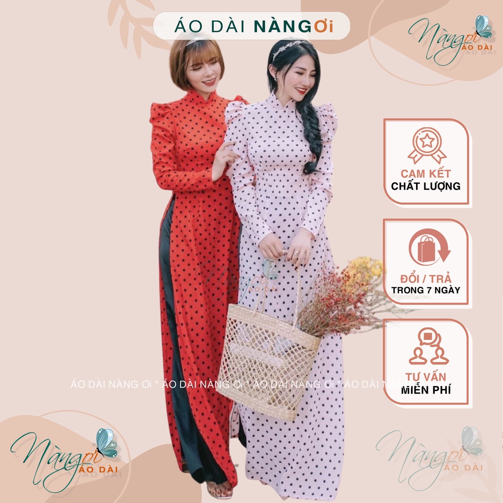 Áo dài chấm bi tay phồng - Áo dài truyền thống vai bồng lụa đẹp chụp hình xinh