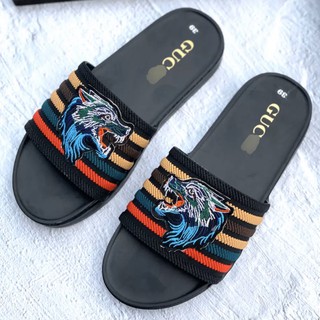 Dép đế cao su nam thổ cẩm thêu mặt sói đế hộp xin