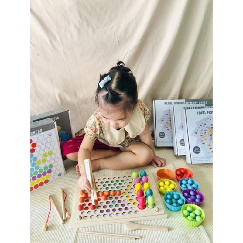 Bộ gắp hạt gỗ montessori 3 trong 1 câu cá lật hình thông minh cho bé