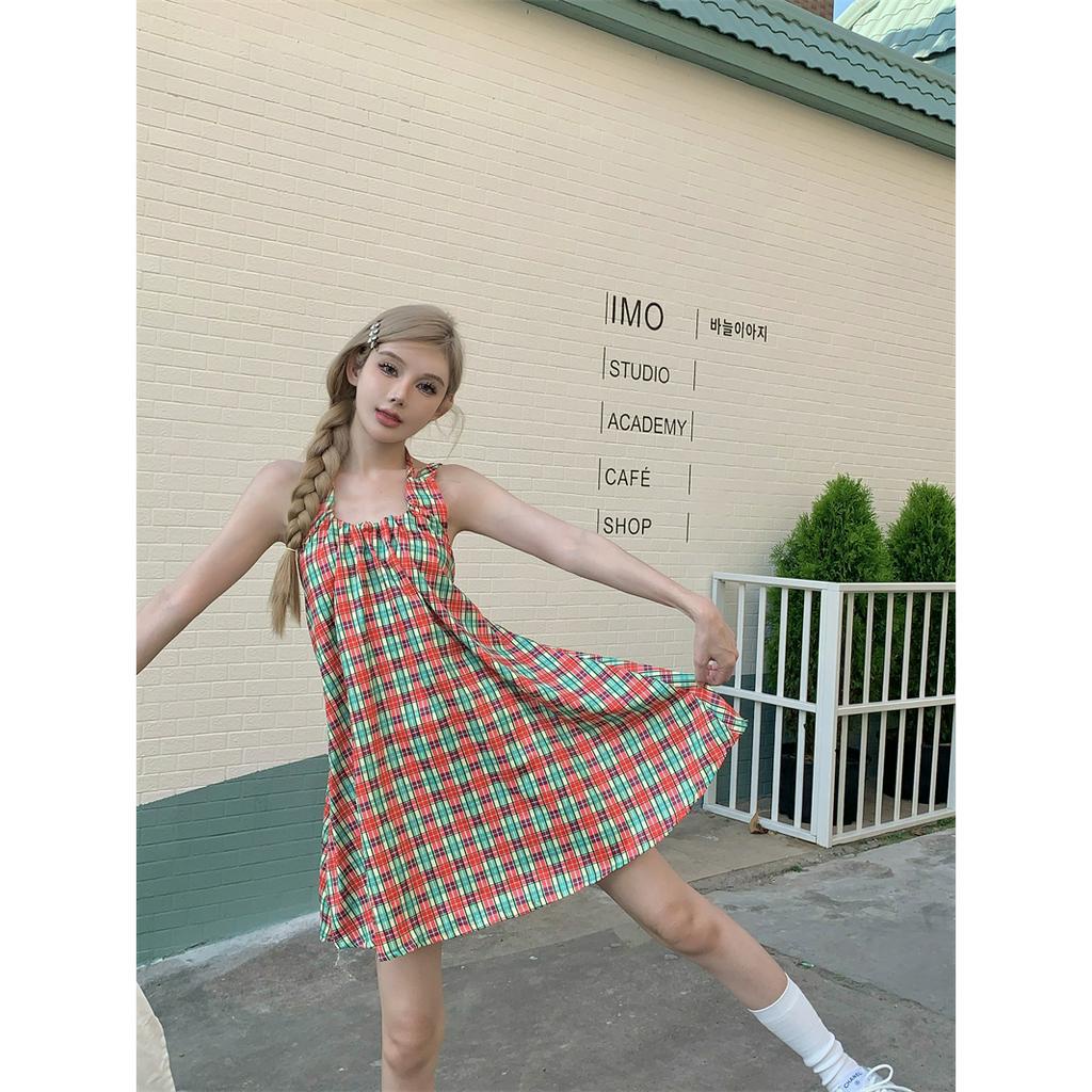 Đầm SáT NáCh Hở Lưng SọC Caro Phong CáCh Vintage