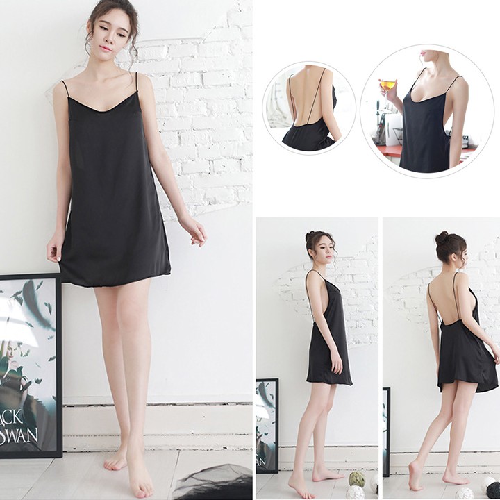 Váy ngủ lụa satin màu đen hai dây hở lưng gợi cảm | BigBuy360 - bigbuy360.vn