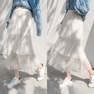 Chân váy lưới tầng xếp ly dáng chữ A lưng cao thời trang mùa hè cho nữ