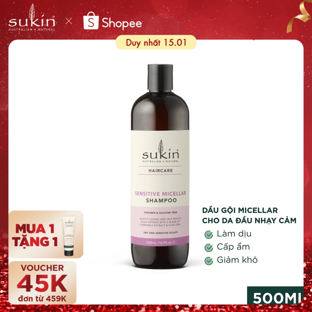 Dầu Gội Micellar Cho Da Đầu Nhạy Cảm Sukin Sensitive Micellar Shampoo 500ml